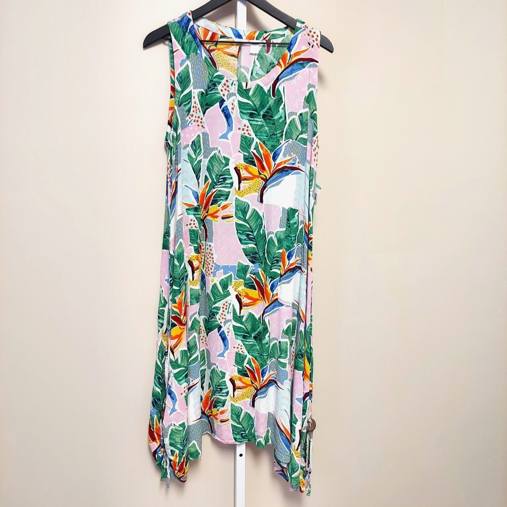 Kaktus Tropical‎ Rainbow Leaf Print Sleeveless Midi Dress Size L Resort Vacation